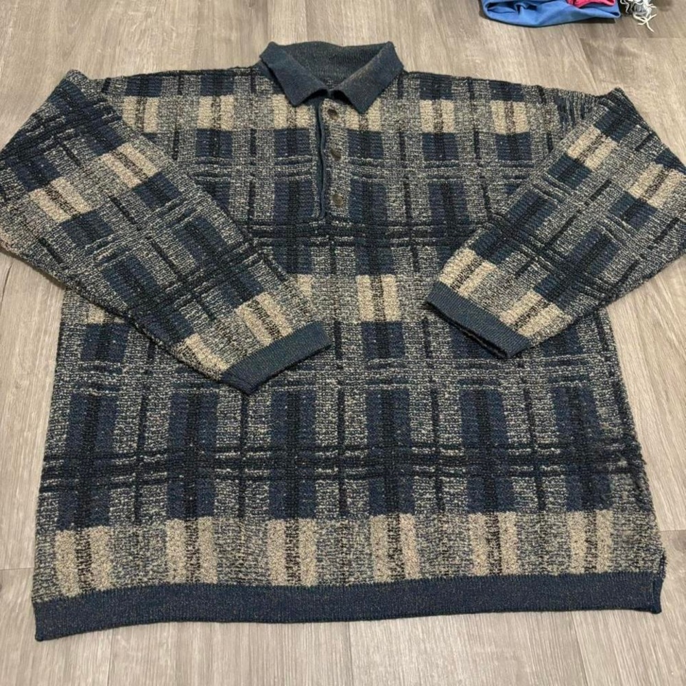 Men's‎ made in Italy Vintage Wool Mohair Blend Sweater Blue Cream Knit Collared